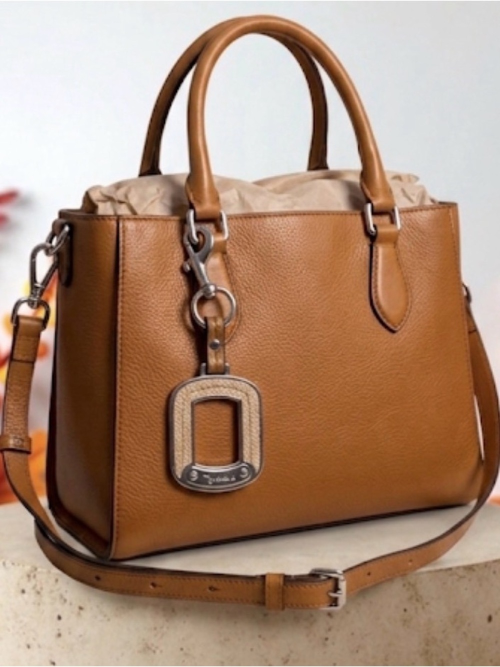 Tignanello tan & silver key ring/bag charm